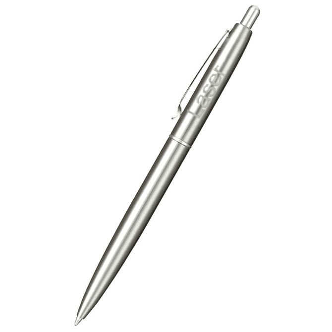 A recycled stainless steel ballpoint pen with a silver finish and a clip, featuring a logo.