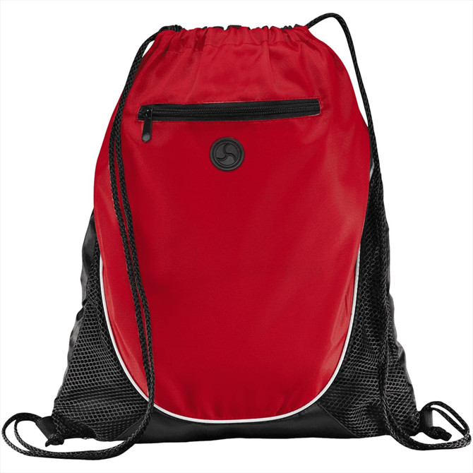 A red drawstring backpack with a black base and mesh side pockets, featuring a zippered exterior pocket and a logo.