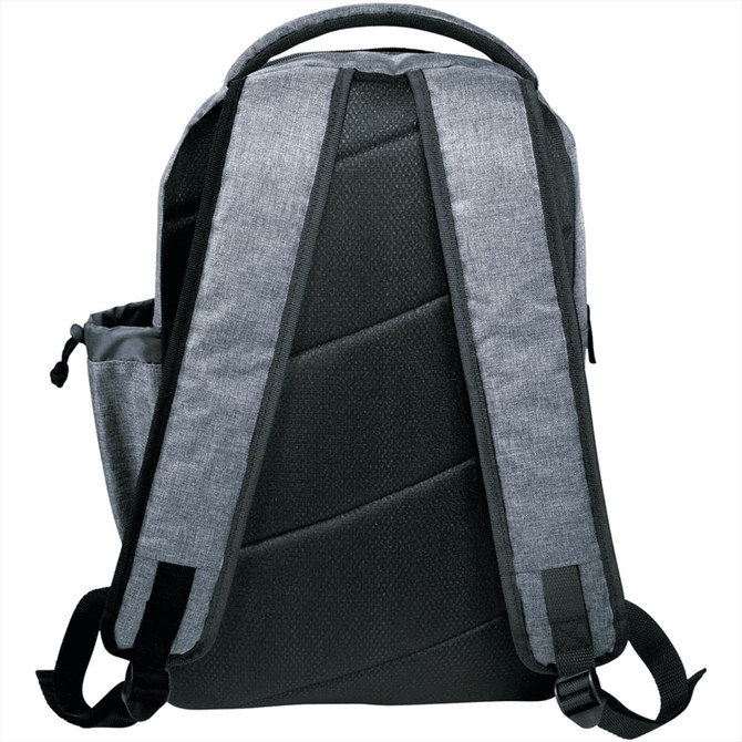 A grey and black laptop backpack featuring padded straps and a side pocket. Includes branding.
