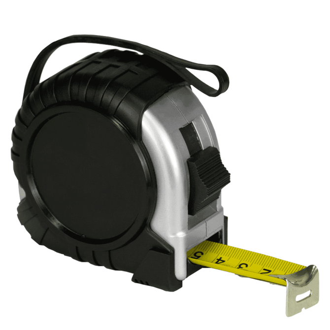 A black and silver Pro Locking Tape Measure with a yellow measuring tape extended. It features a logo on the body.