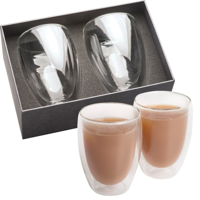 A set of two double-walled glass cups, featuring a sleek design, presented in a grey gift box.