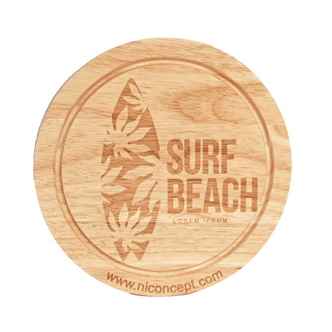 A round wooden cheese board featuring a surfboard design and engraved text, showcasing natural wood tones.