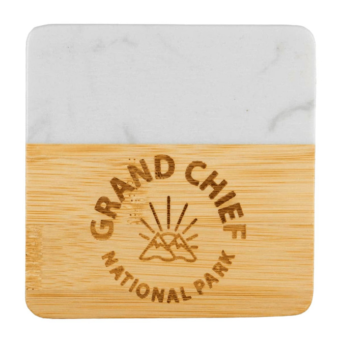 A marble and bamboo coaster featuring a logo, with a white marble top and a natural bamboo base.