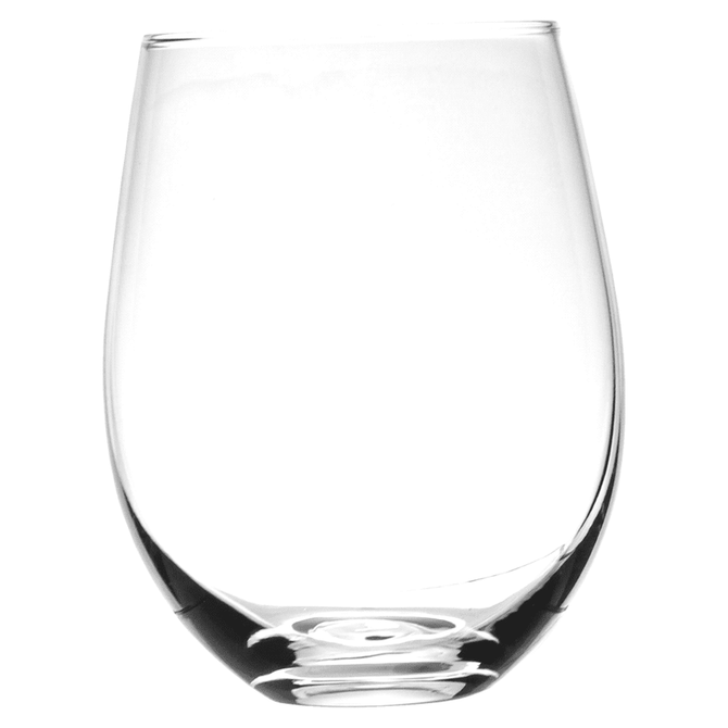 A clear glass wine glass with a curved shape, ideal for enjoying beverages, featuring a simple design.
