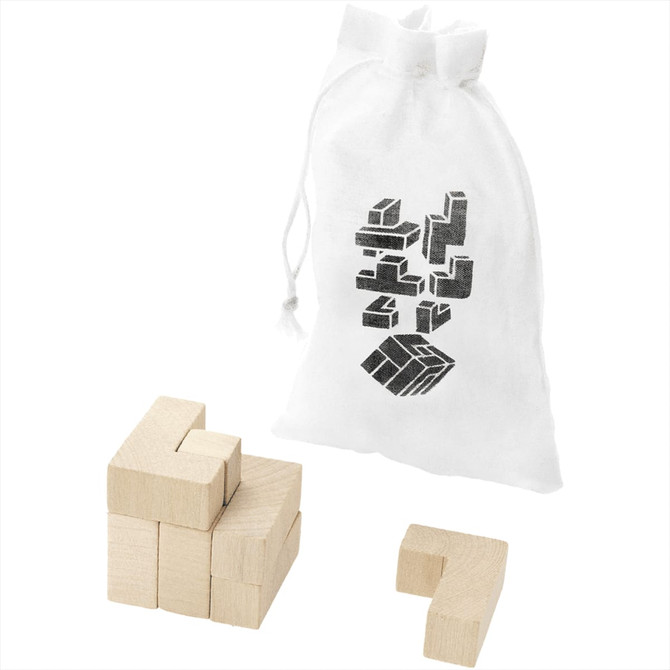 A set of wooden puzzle pieces in a white pouch, featuring various shapes and a logo. The pieces are light-coloured.
