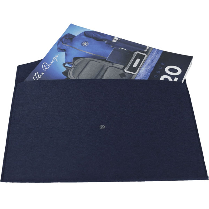 A navy Fab Felt Folder with an interior pocket, holding a brochure. It features a logo on the front.