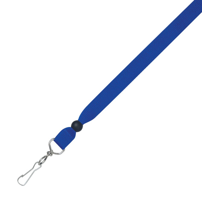 A blue ribbon lanyard, 15mm wide, featuring a silver clip and a black rubber connector.