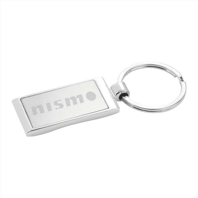 A silver wave metal key ring featuring a branding logo on a rectangular design.