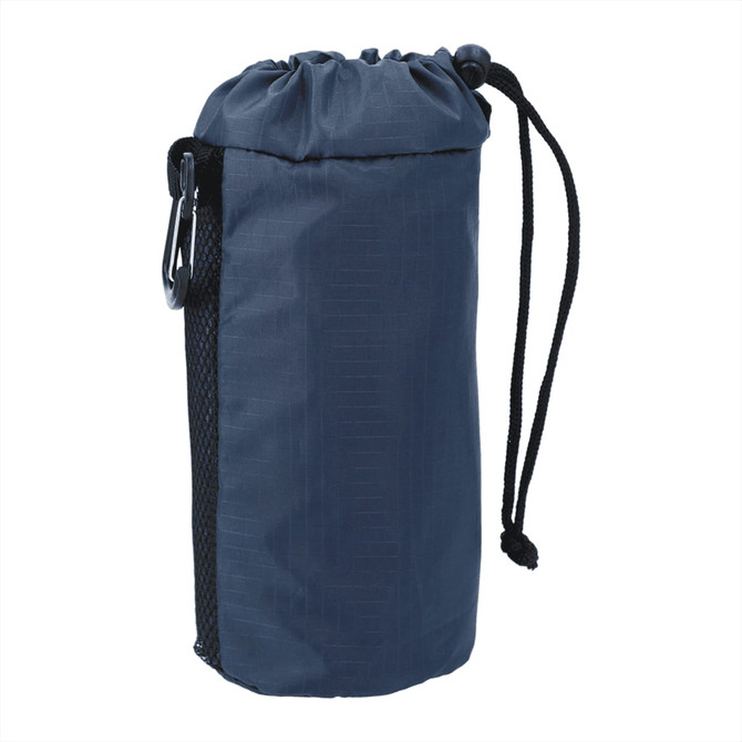 A dark blue, compact shopper tote bag with a drawstring closure and a carabiner attachment.