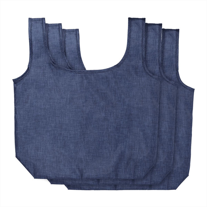 A set of three reusable shopper totes in a dark denim texture, featuring a simple design and reinforced handles.
