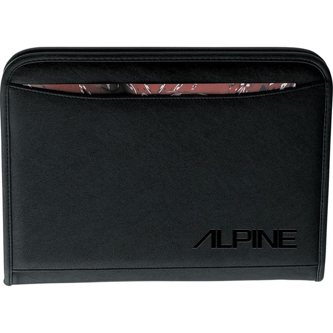 A black portfolio with a textured finish, featuring a logo and a patterned interior pocket.