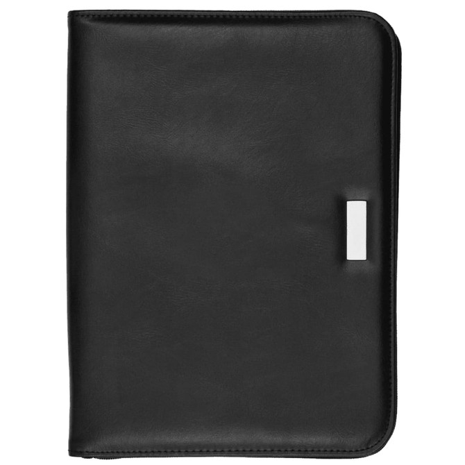 A black portfolio with a smooth finish and a silver logo plate on the front, suitable for office and business use.
