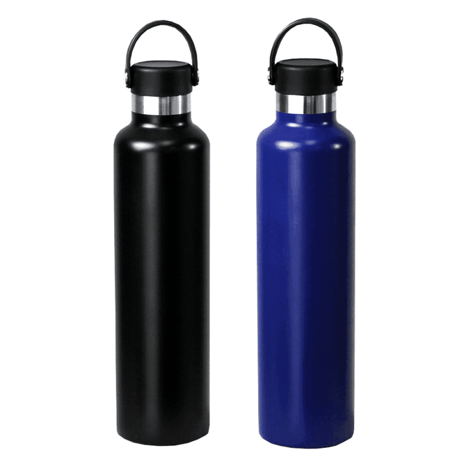 A drink bottle set featuring one black and one blue stainless steel 1L bottle, each with a black lid and handle.