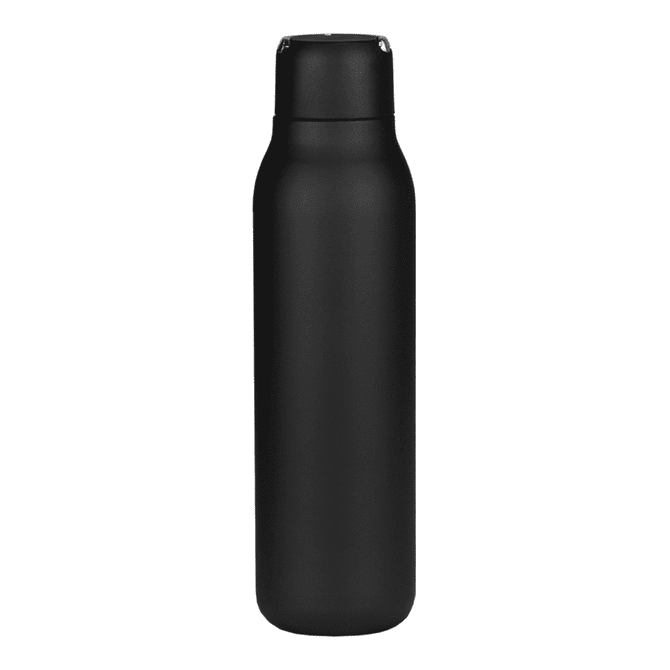A drink bottle in matte black with a metal loop, holding 600ml. Features a logo on the surface.