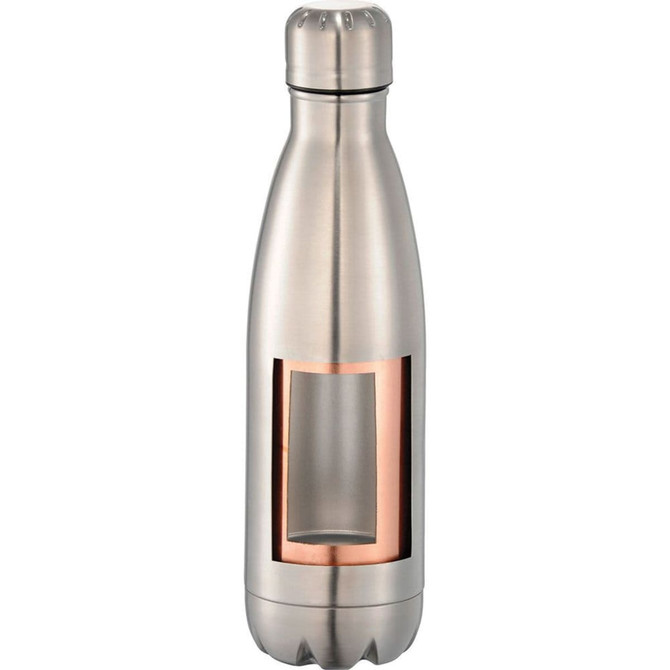 A drink bottle featuring a stainless steel design with a copper accent, insulated for temperature retention.