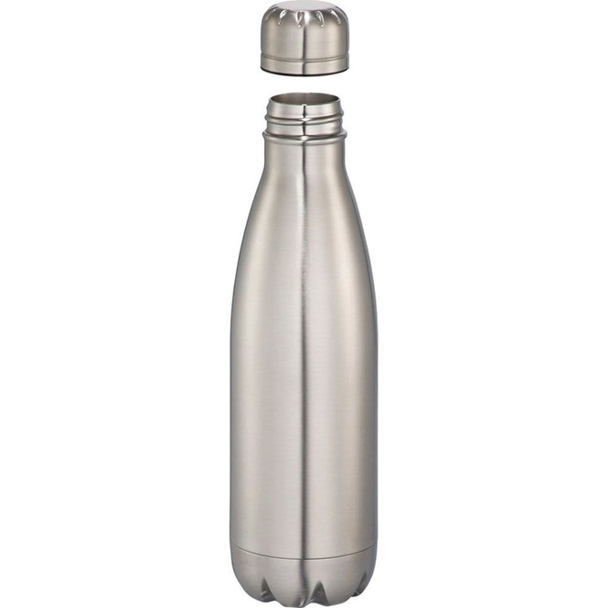 A drink bottle made of stainless steel, featuring a metallic finish and a removable screw cap.