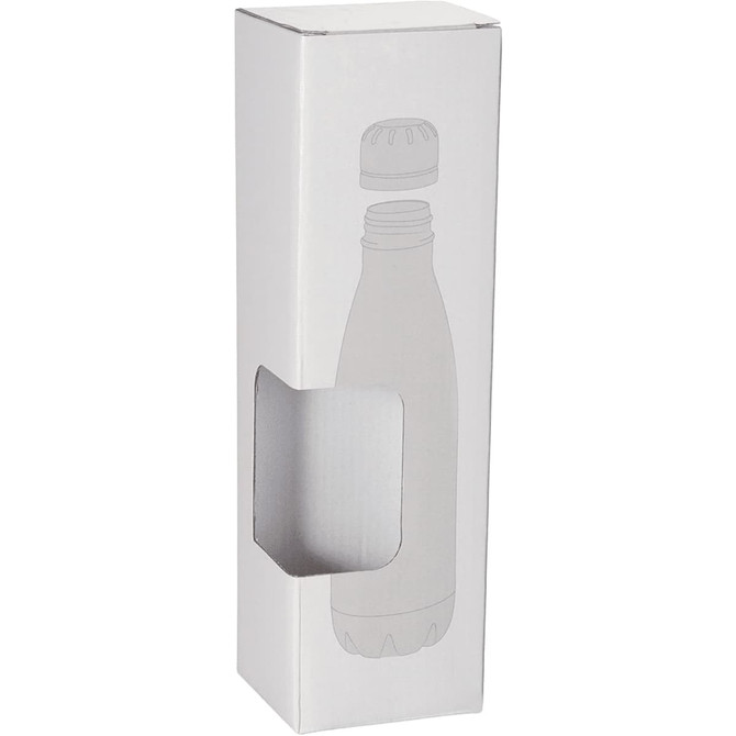 A drink bottle packaging in a white box featuring a graphics illustration of a copper vacuum insulated bottle.