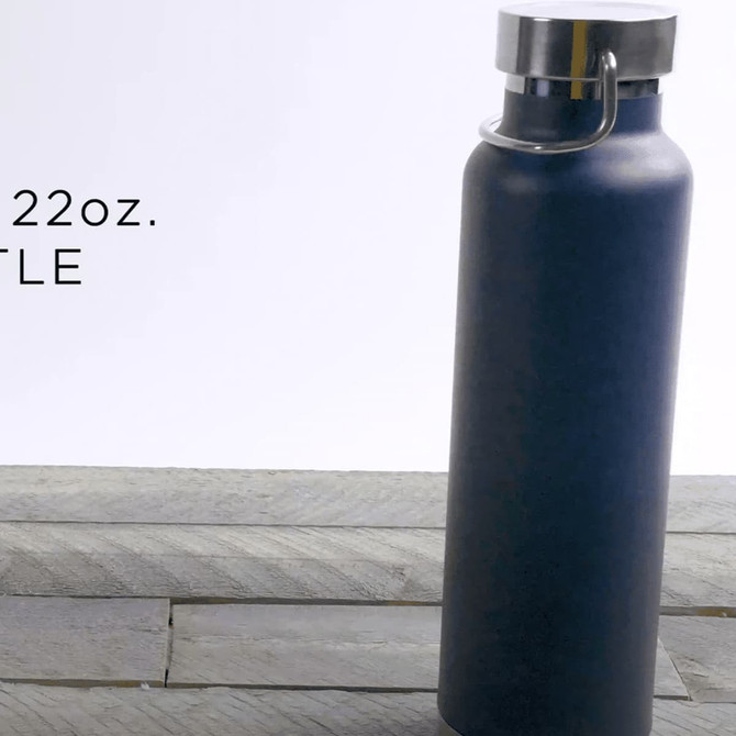 A drink bottle in navy blue with a silver lid and a metal handle, featuring a logo on the front.