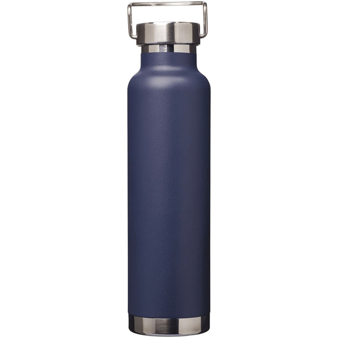 A drink bottle in navy blue with a stainless steel base and a handle on the lid, featuring a logo.