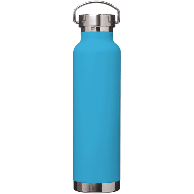 A drink bottle in bright blue with a stainless steel base and a metal screw-top lid, featuring a logo.