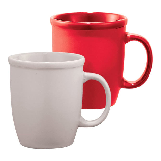 A ceramic mug set featuring a red and a white mug with ergonomic handles, suitable for coffee or tea.