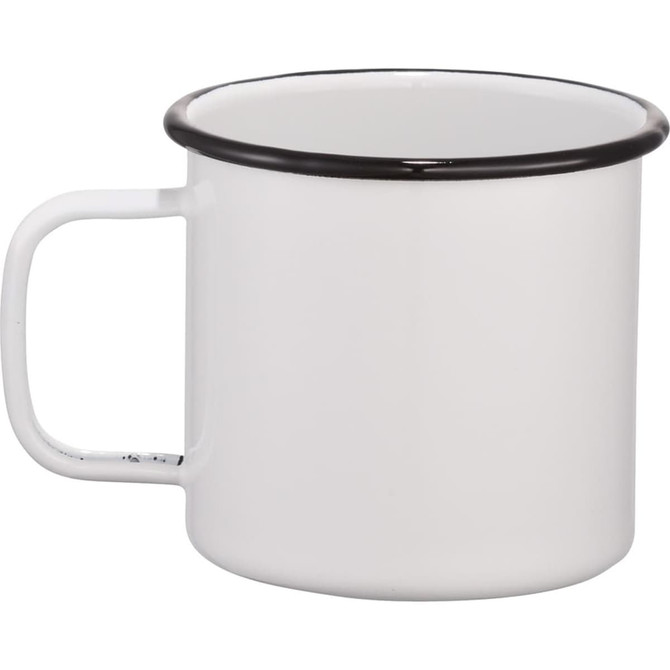 A drinkware enamel metal cup in white with a black rim, featuring a sturdy handle.