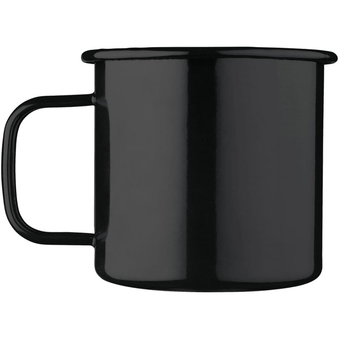 A black enamel metal cup with a handle, featuring a glossy finish and a simple design.