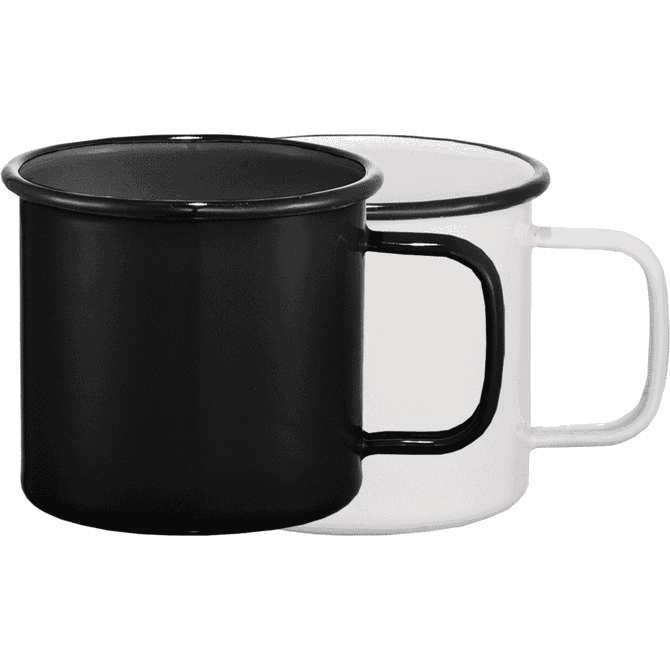 A drinkware set featuring two enamel metal cups, one black and one white, each with a contrasting rim and handle.
