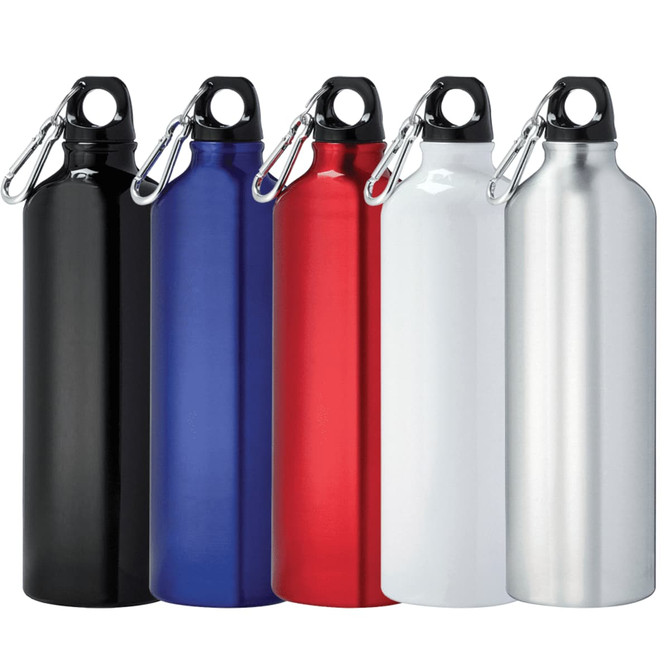 A drink bottle collection featuring black, blue, red, white, and silver aluminium options with a clip-on lid.