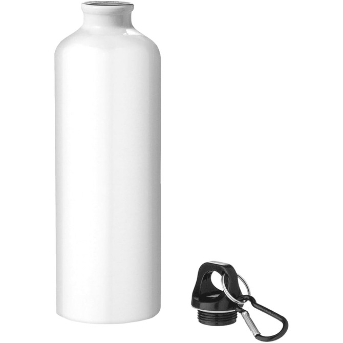 A drink bottle in glossy white finish with a black screw cap and a carabiner attachment. It features a logo.