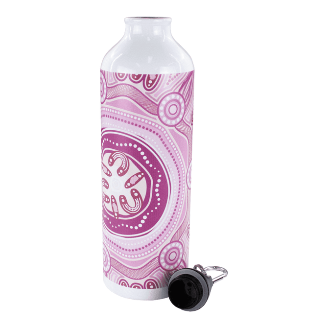 A drink bottle in pink and white with a patterned design and a black screw cap. It features a logo.
