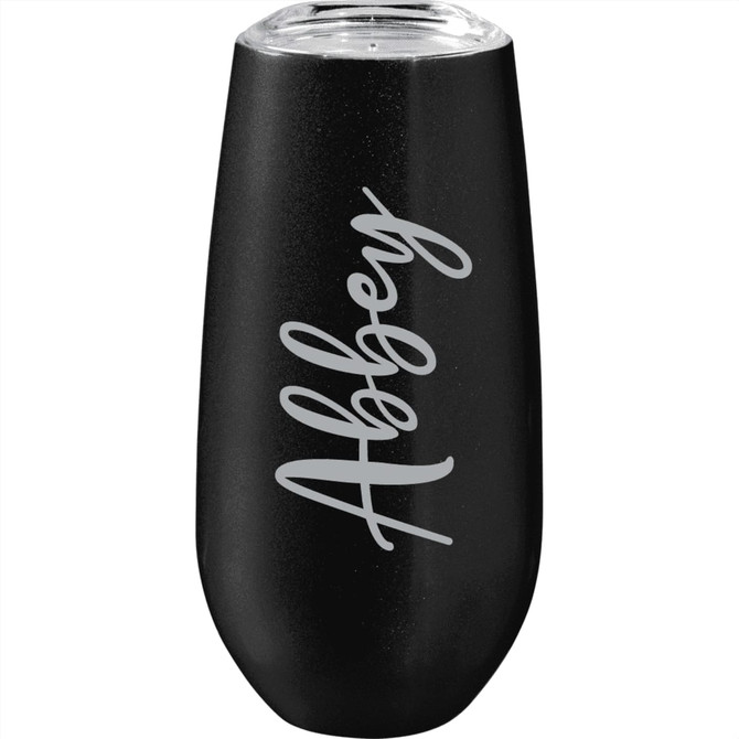 A drink bottle in matte black with a clear lid and a logo. Designed for beverages like champagne or cocktails.