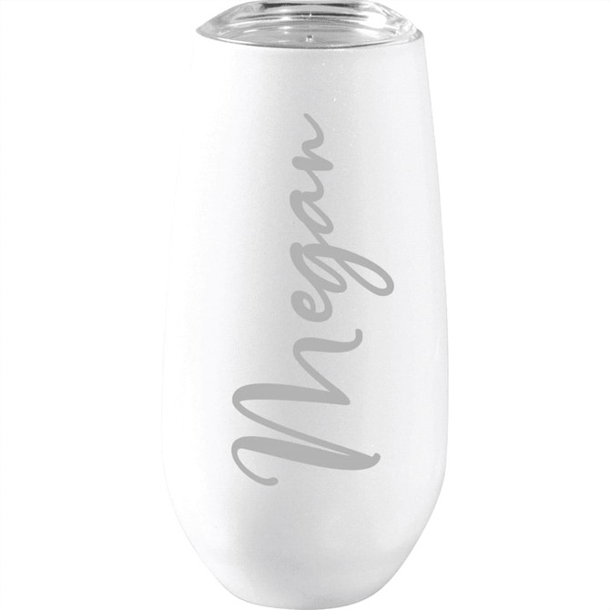 A drink bottle in white with a clear lid, featuring a simple logo and elegant script engraving.