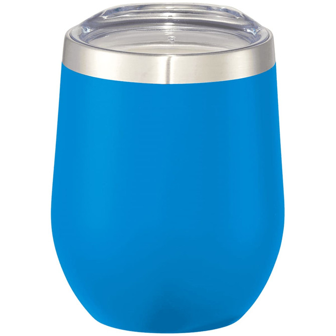 A drink bottle in vibrant blue with a stainless steel rim and clear lid, designed for insulated beverages.