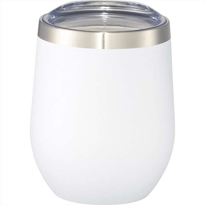 A drink bottle in white with a stainless steel rim and a clear lid, designed for insulated beverages.