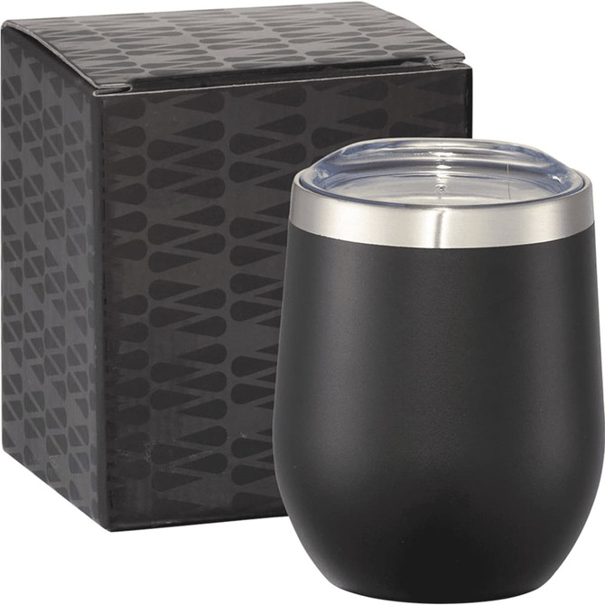 A drink bottle in matte black with a stainless-steel rim, accompanied by a boxed packaging. Features a clear lid.