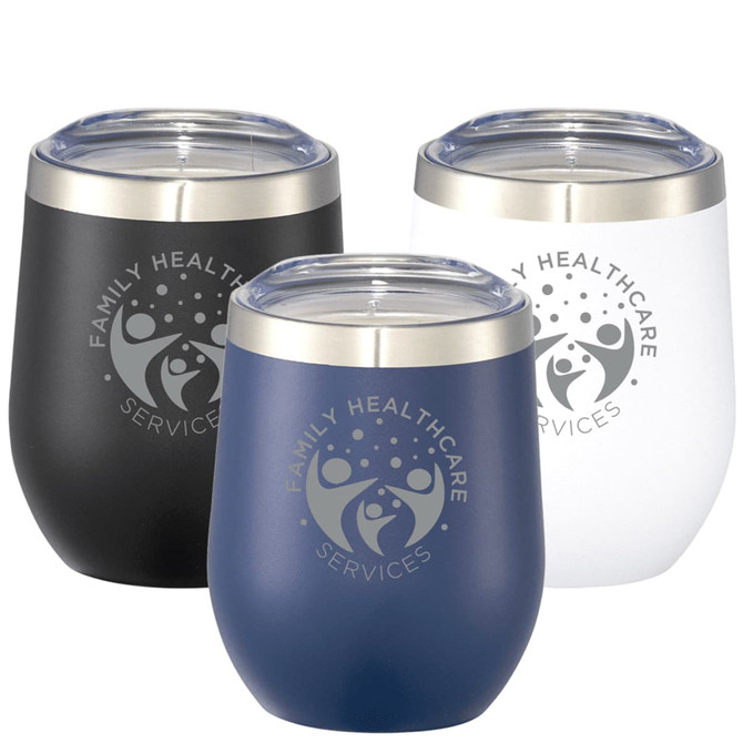 A drink bottle set featuring three insulated cups in black, navy, and white, with a logo on each.