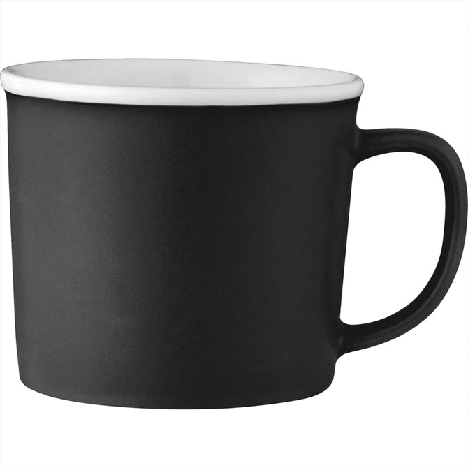 A ceramic mug in black with a white interior, featuring a curved handle and a smooth finish.