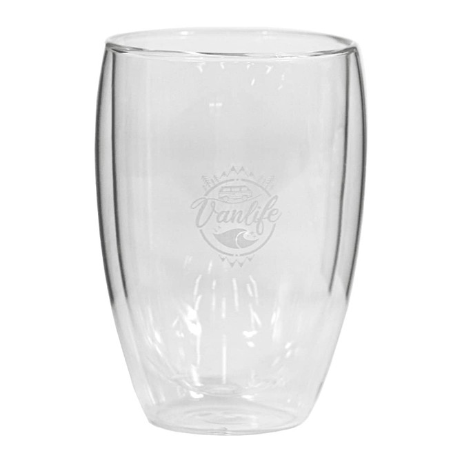 A drink bottle featuring a clear glass design, with a rounded shape and an engraved logo.