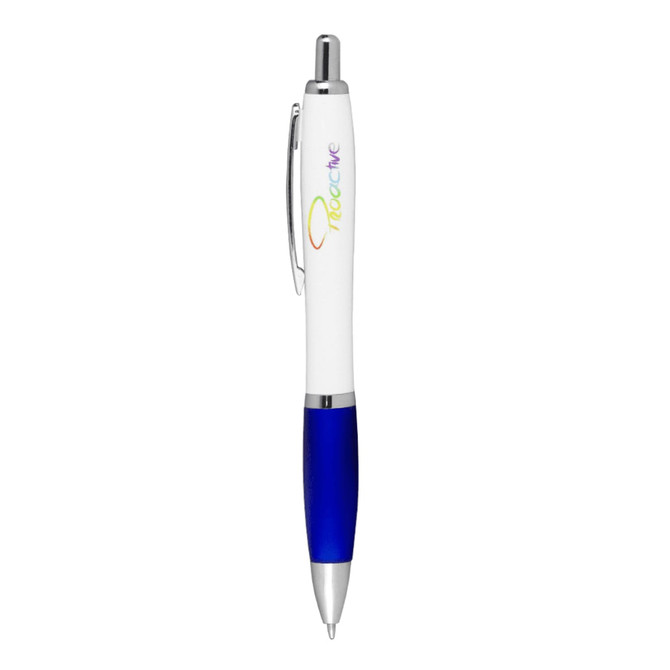 A ballpoint pen with a white barrel, blue grip, and a silver clip, featuring a logo on the barrel.