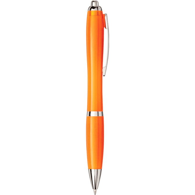 An orange ballpoint pen with silver accents and a clip, featuring a logo on its surface.