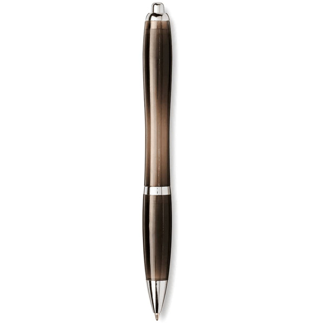 A black and grey ballpoint pen with a silver accent and a clip. The pen has a sleek, modern design and features a logo.