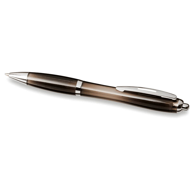 A grey ballpoint pen with a sleek design and chrome detailing, featuring a logo.