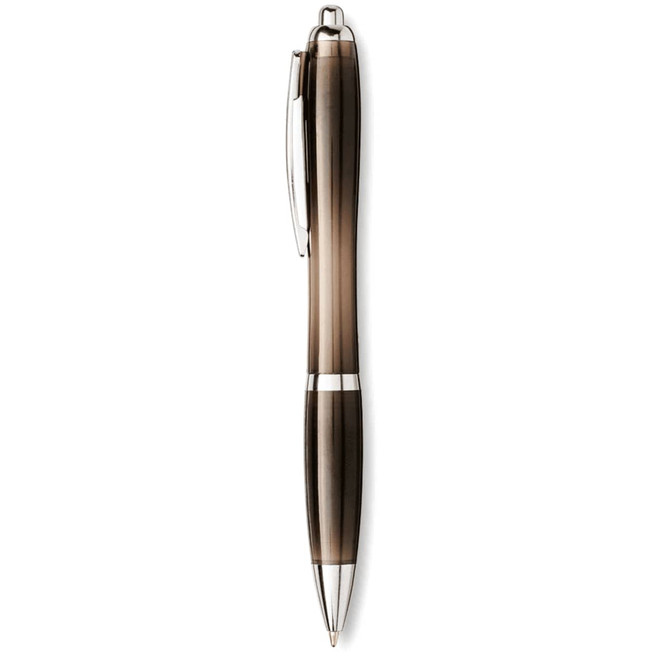 A brown and silver ballpoint pen with a sleek design and a clip, featuring branding.