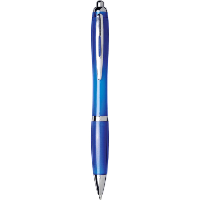 A blue ballpoint pen with a clear barrel and silver accents, featuring a logo.