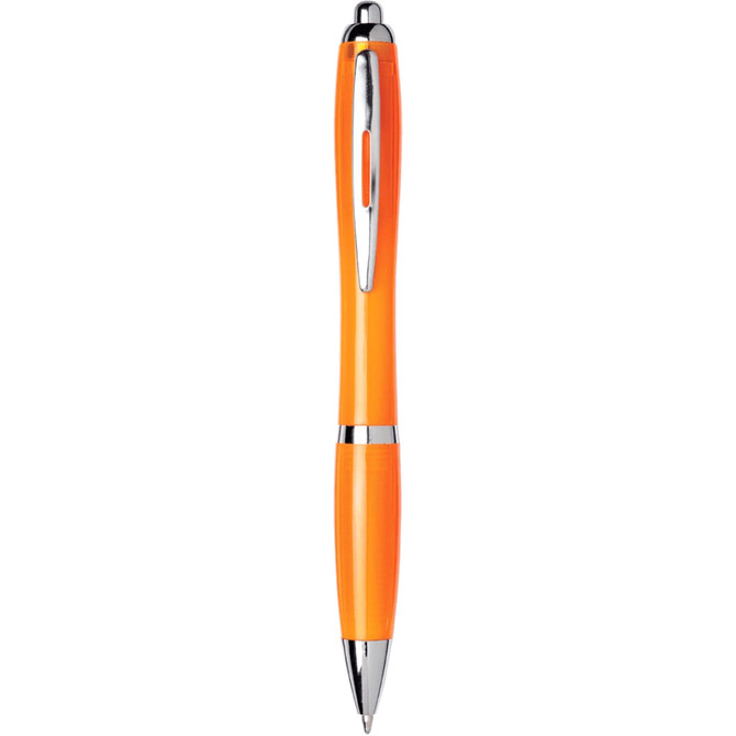 An orange ballpoint pen with chrome accents, featuring a clip and a branding logo.