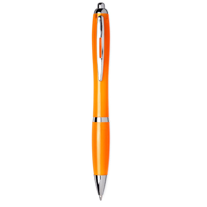 An orange ballpoint pen with chrome accents, featuring a clip and a smooth writing tip.