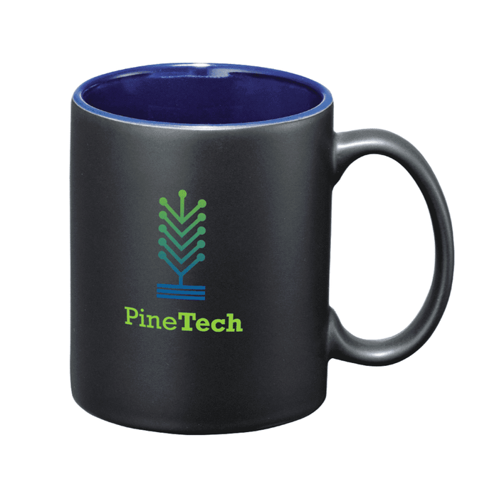 A black ceramic mug with a blue interior and a logo on the front, displayed in a simple design.