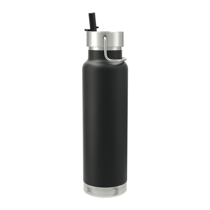 A drink bottle in matte black with a silver lid and a straw, featuring a handle for easy carrying.