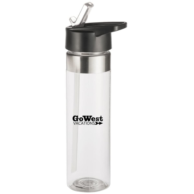 A drink bottle in clear plastic with a black lid and a silver accent, featuring a logo.